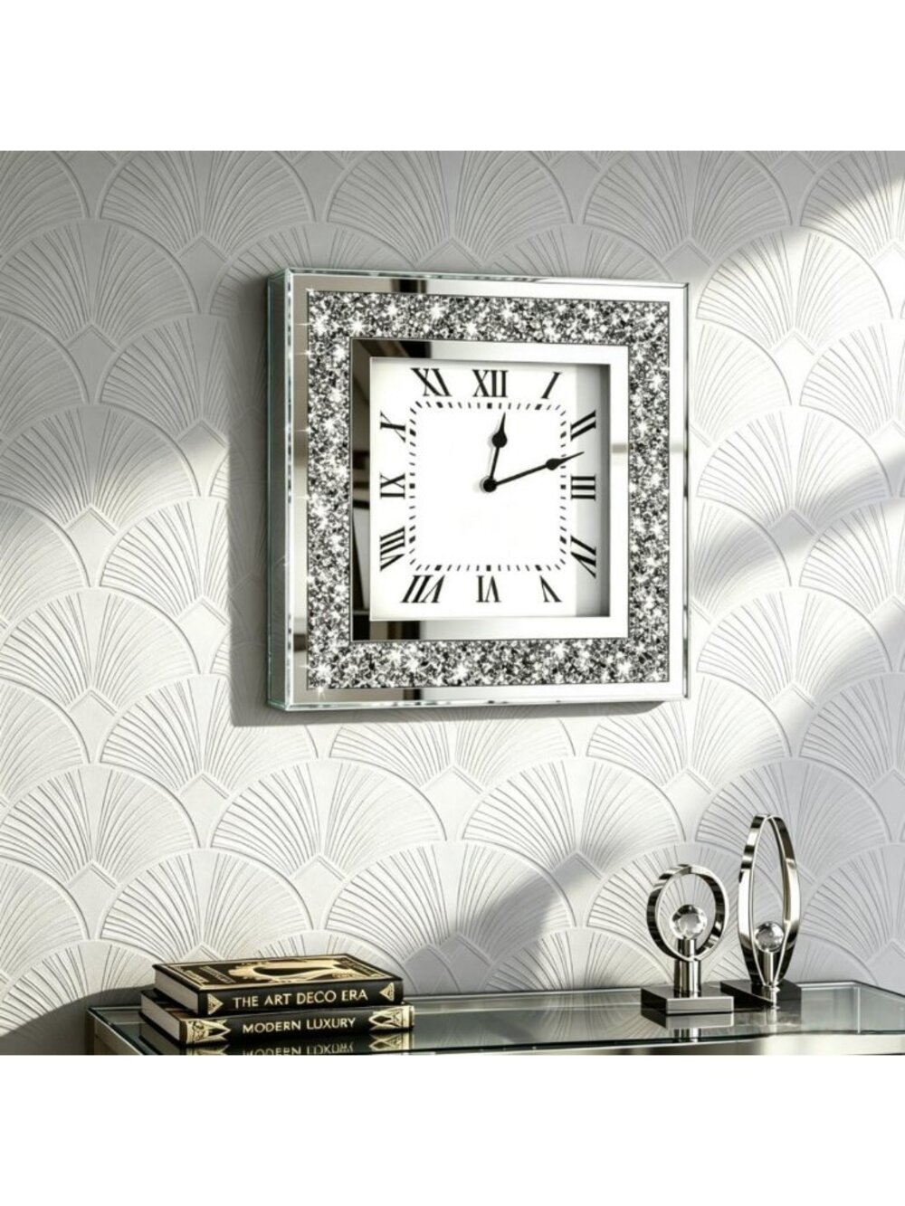 Sparkling Diamond Mirrored Wall Clock - 12x12" Decorative Quartz Timepiece for